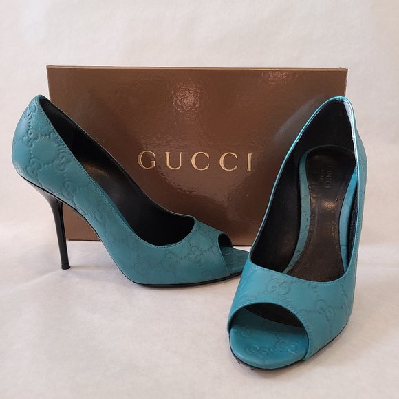 Gucci 'Guccissima' Peep Toe Heels (Peacock)